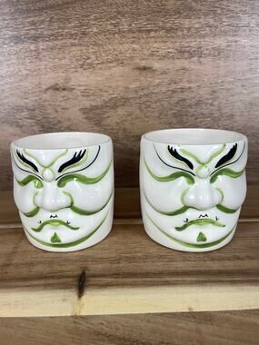 2 Vintage Japanese Kabuki Mask Ceramic Tea Cups Hand Painted Theater Decor Set
